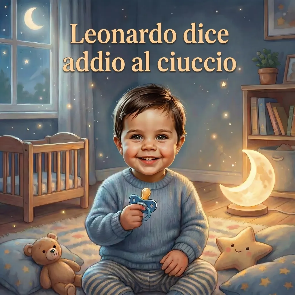 Copertina di Leonardo dice addio al ciuccio, un libro per bambini personalizzato
