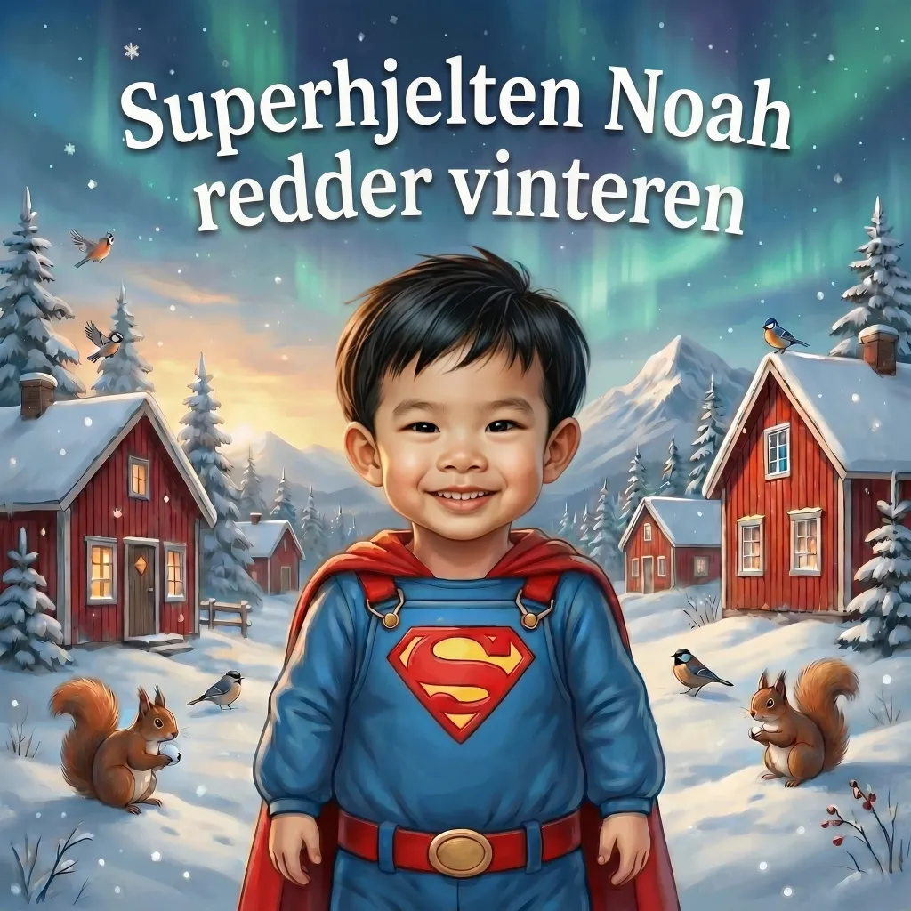 Forside til Superhelten Noah redder vinteren, en personlig børnebog