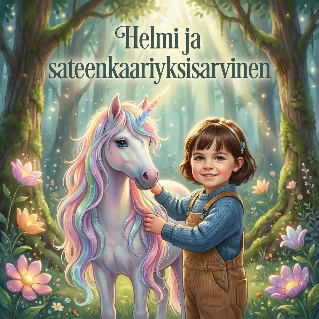 Kirjan Helmi ja sateenkaariyksisarvinen kansi, personoitu lastenkirja