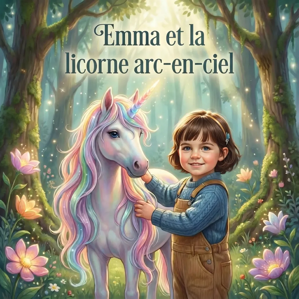 Couverture de Emma et la licorne arc-en-ciel, un livre pour enfants personnalisé
