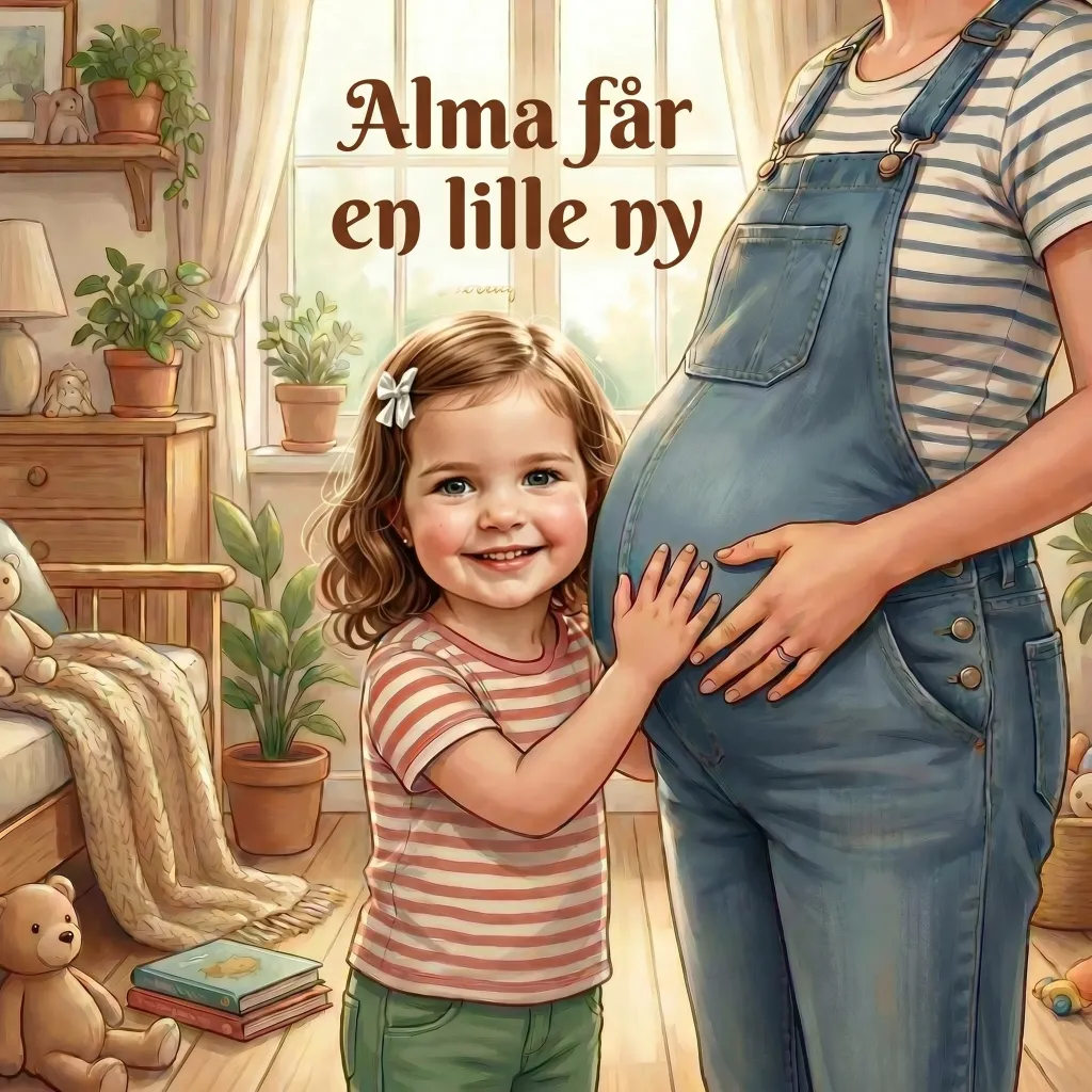 Forside til Alma får en lille ny, en personlig børnebog