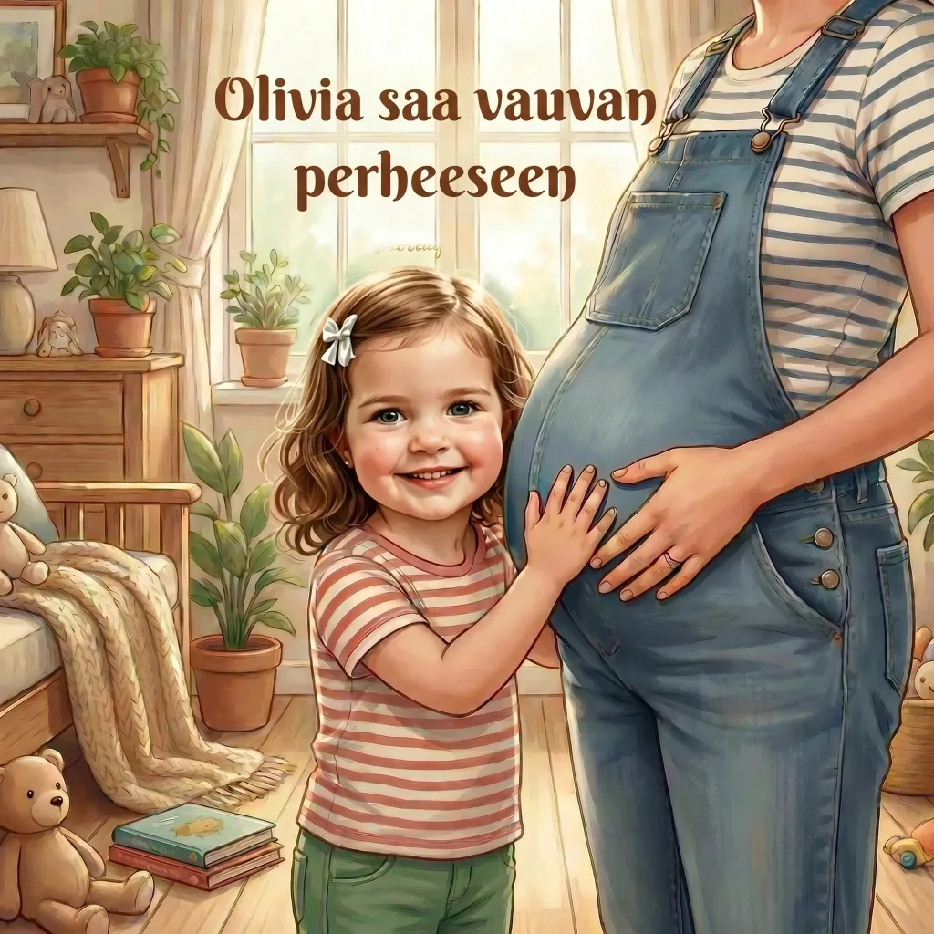 Kirjan Olivia saa vauvan perheeseen kansi, personoitu lastenkirja