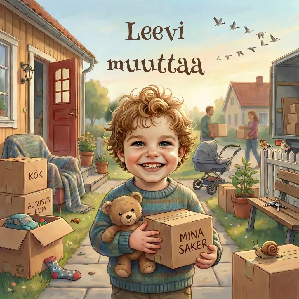 Kirjan Leevi muuttaa kansi, personoitu lastenkirja