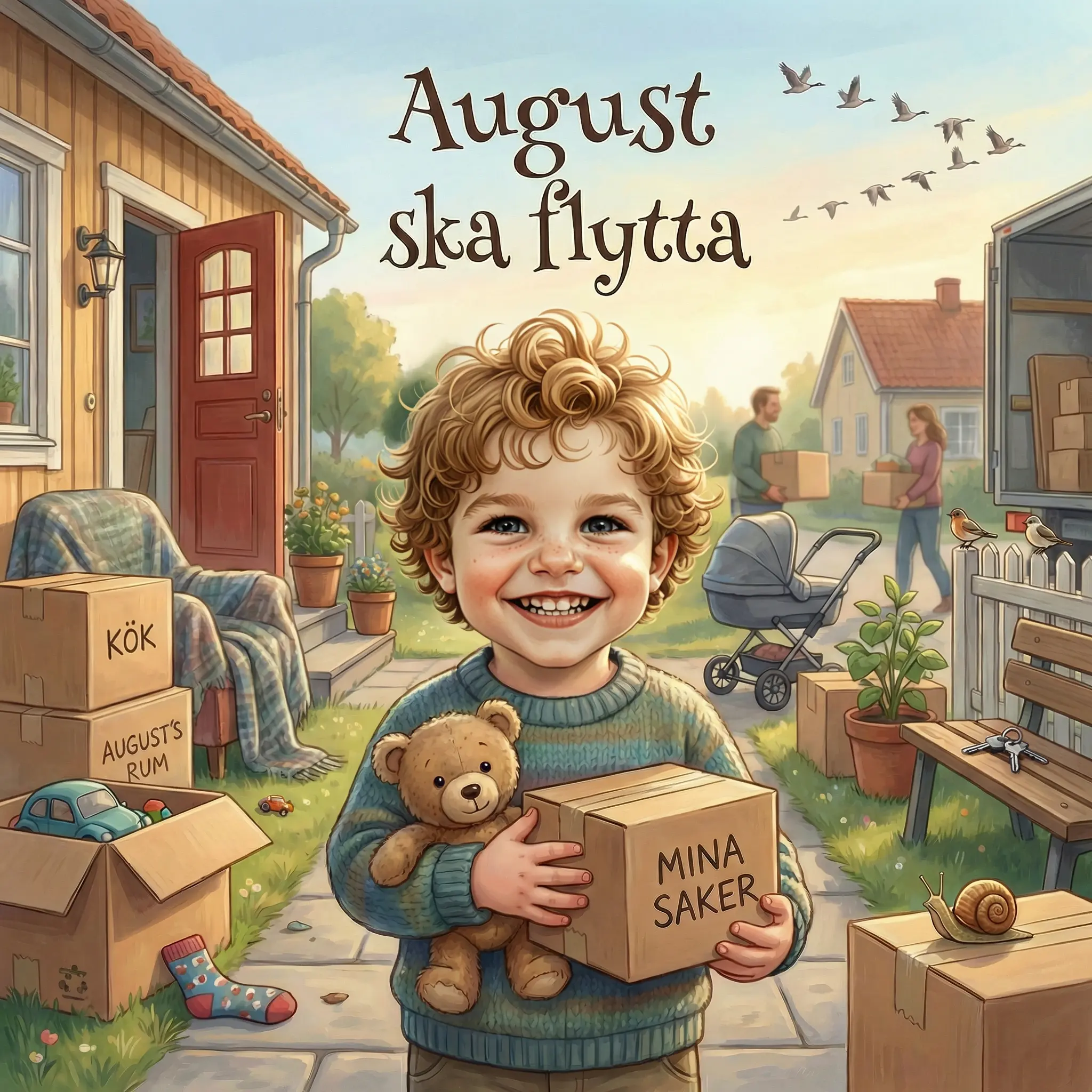 Omslag till August ska flytta, en personlig barnbok